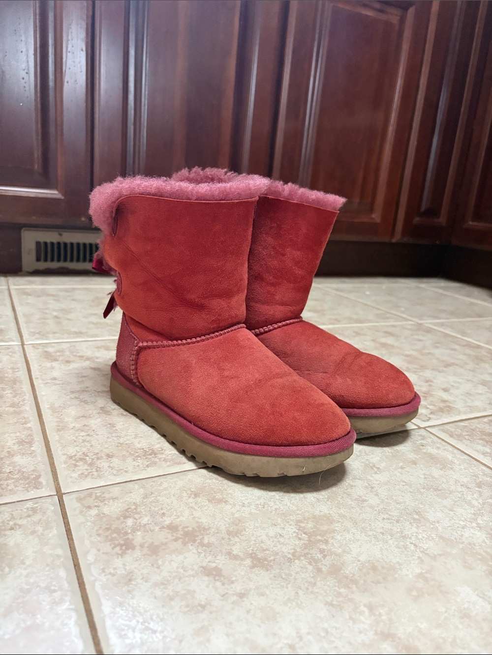 UGG Red Suede Shearling Mid-Calf Boots with Pink Lining